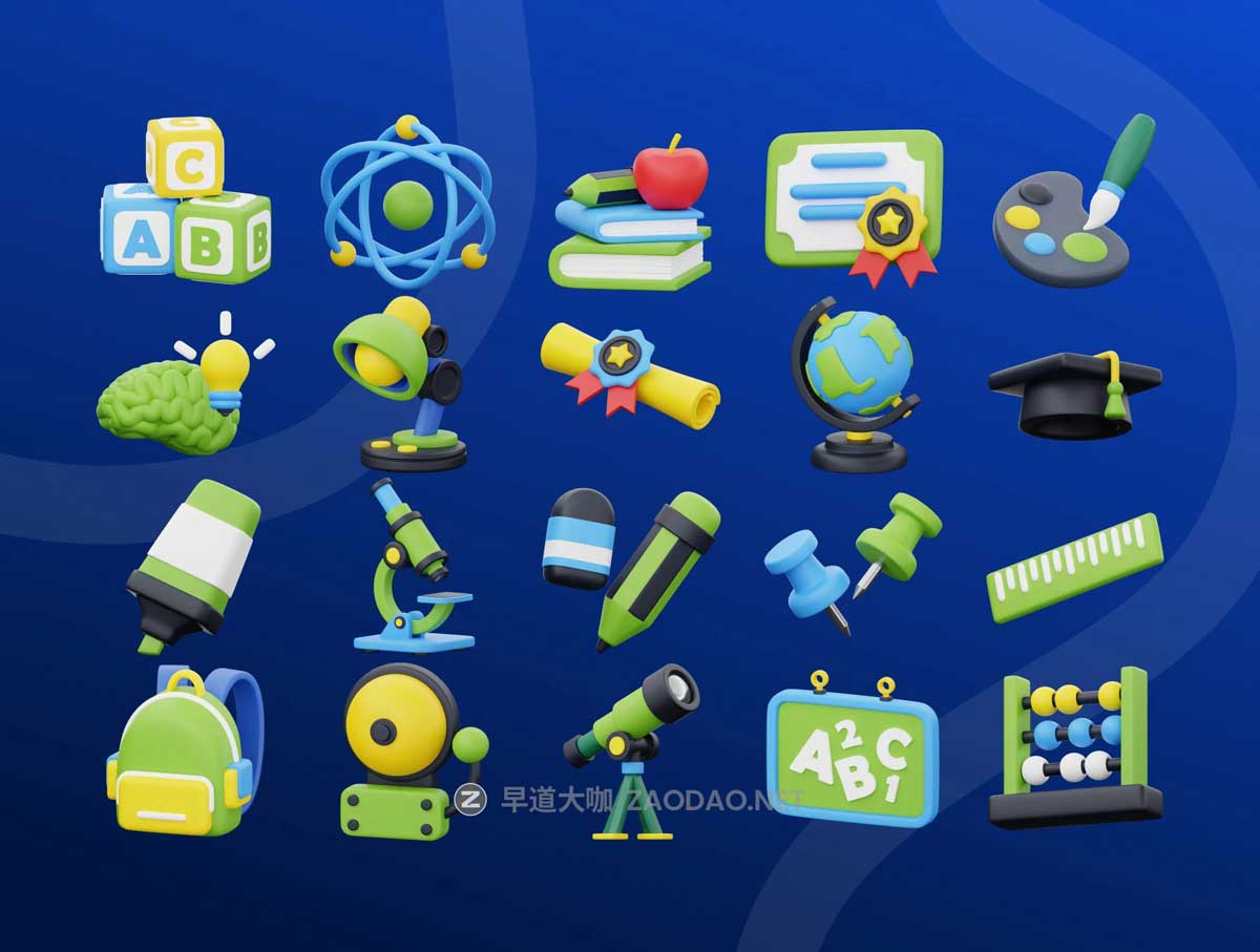20款独特卡通儿童科学教育学习教学3D插图图标Icons设计Blender/PNG格式素材 School & Education 3D Icon Set插图2