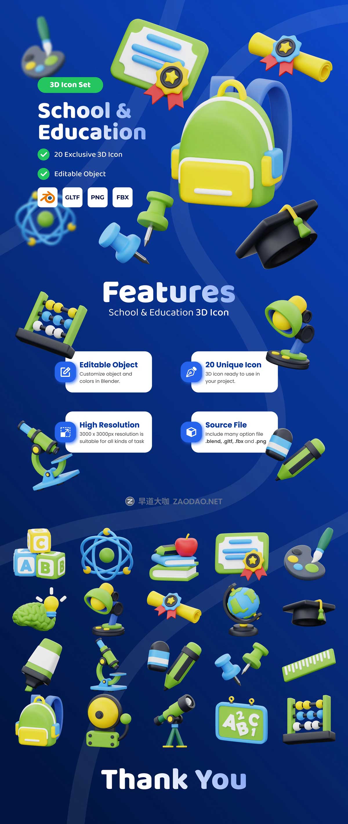 20款独特卡通儿童科学教育学习教学3D插图图标Icons设计Blender/PNG格式素材 School & Education 3D Icon Set插图6