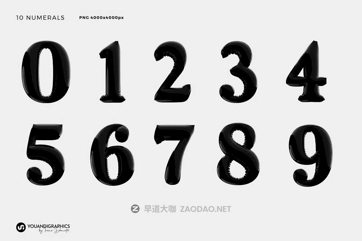 复古Y2K风黑色气球质感胖乎乎泡泡字母数字符号PNG免抠图设计素材 Latex 3D Lettering Set插图10