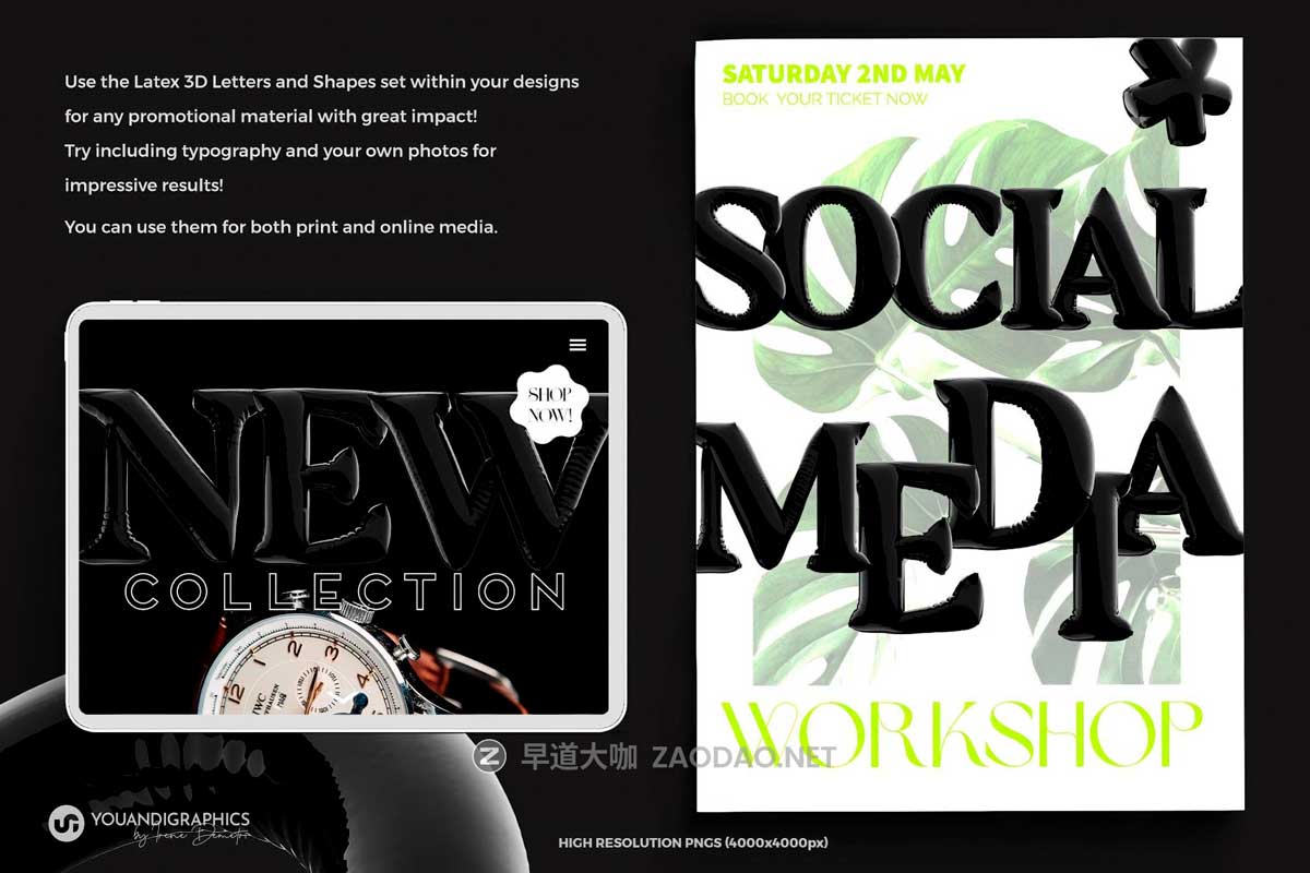 复古Y2K风黑色气球质感胖乎乎泡泡字母数字符号PNG免抠图设计素材 Latex 3D Lettering Set插图3