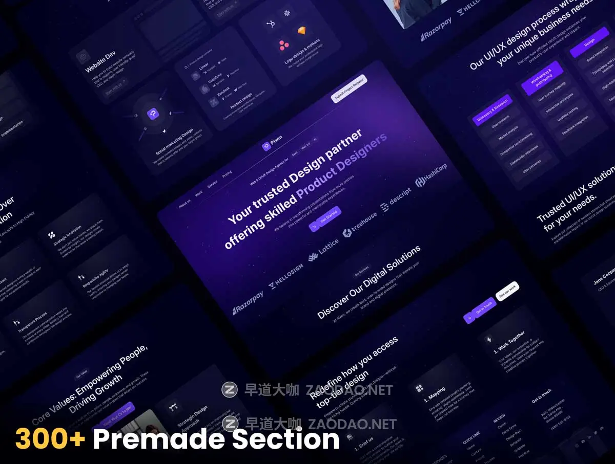 75+屏响应式暗黑系数字科技网络服务网站WEB UI界面设计Figma模板素材 Pixen – Digital Agency Website Template插图5 75+屏响应式暗黑系数字科技网络服务网站WEB UI界面设计Figma模板素材 Pixen – Digital Agency Website Template插图5