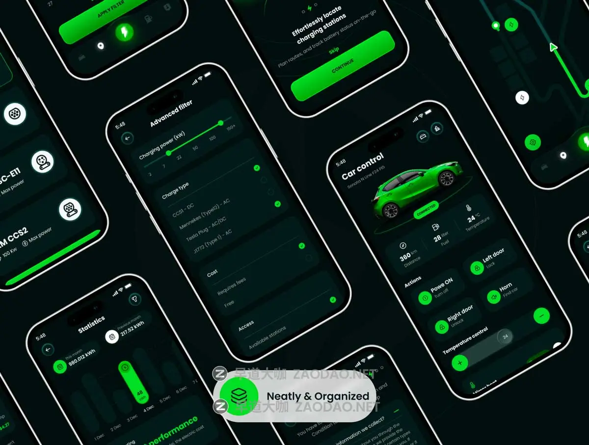 70屏暗黑风电动车汽车共享充电桩充电站APP软件UI界面设计Figma模板套件 EVAR – EV Control & Charging UI Kit插图4 70屏暗黑风电动车汽车共享充电桩充电站APP软件UI界面设计Figma模板套件 EVAR – EV Control & Charging UI Kit插图4