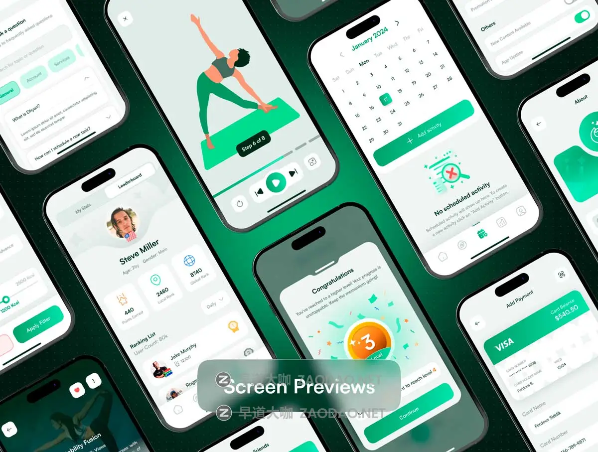 60+屏现代简约在线瑜伽冥想锻炼健身APP UI界面设计Figma模板套件 Dhyan – Yoga & Meditation UI Kit插图5 60+屏现代简约在线瑜伽冥想锻炼健身APP UI界面设计Figma模板套件 Dhyan – Yoga & Meditation UI Kit插图5