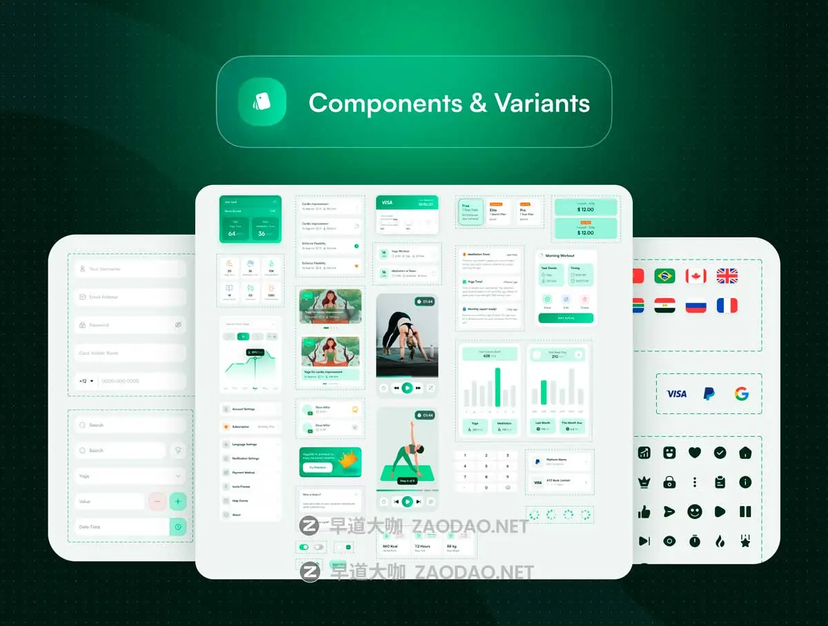 60+屏现代简约在线瑜伽冥想锻炼健身APP UI界面设计Figma模板套件 Dhyan – Yoga & Meditation UI Kit插图4 60+屏现代简约在线瑜伽冥想锻炼健身APP UI界面设计Figma模板套件 Dhyan – Yoga & Meditation UI Kit插图4