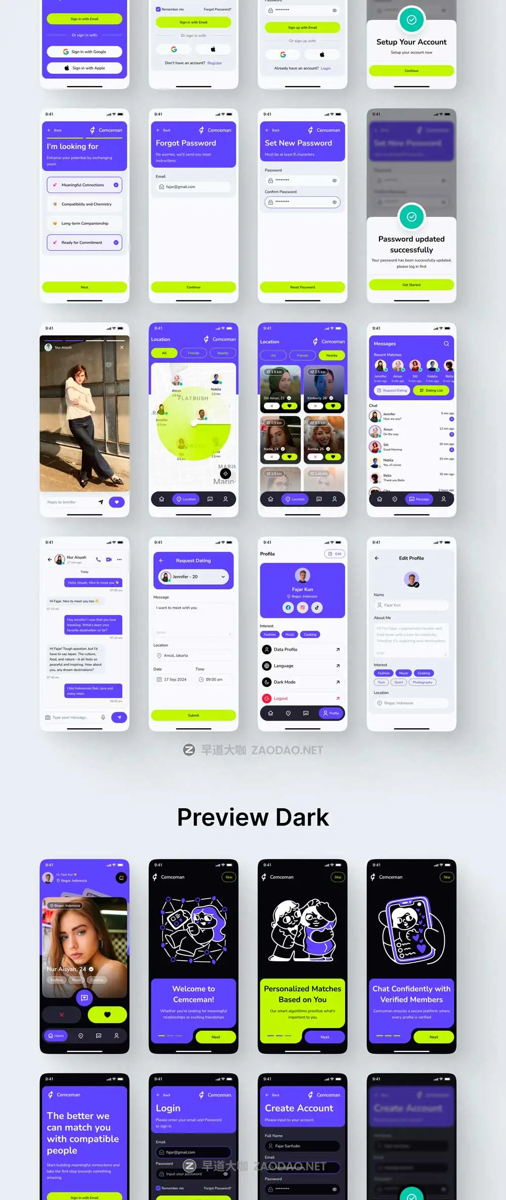 100+屏双配色时尚约会交友社交流媒体APP UI界面设计Figma模板套件 Cemceman – Dating & Social Mobile App UI Kit插图9 100+屏双配色时尚约会交友社交流媒体APP UI界面设计Figma模板套件 Cemceman – Dating & Social Mobile App UI Kit插图9