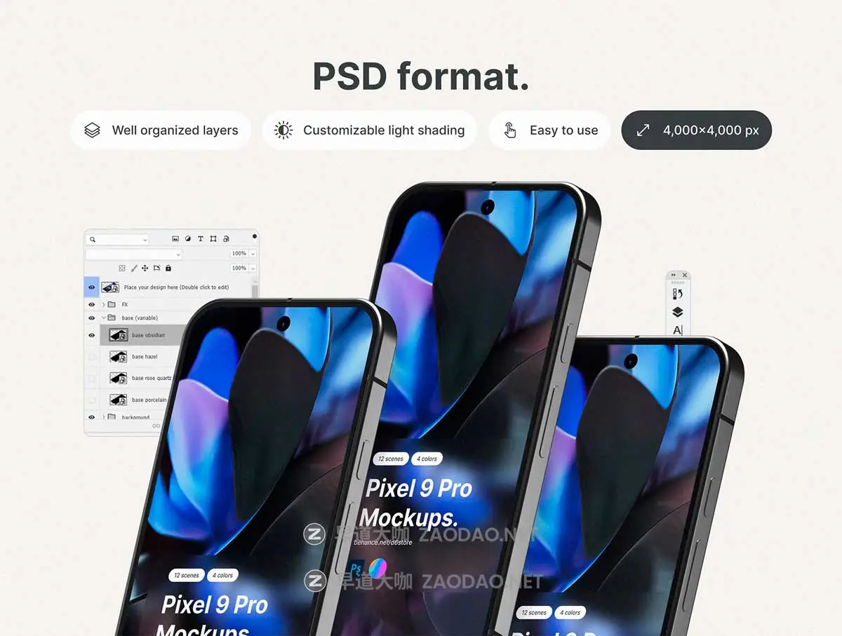 12款谷歌Google Pixel 9 Pro手机UI广告设计展现效果图PS贴图样机模板 Google Pixel 9 Pro Mockups插图1 12款谷歌Google Pixel 9 Pro手机UI广告设计展现效果图PS贴图样机模板 Google Pixel 9 Pro Mockups插图1