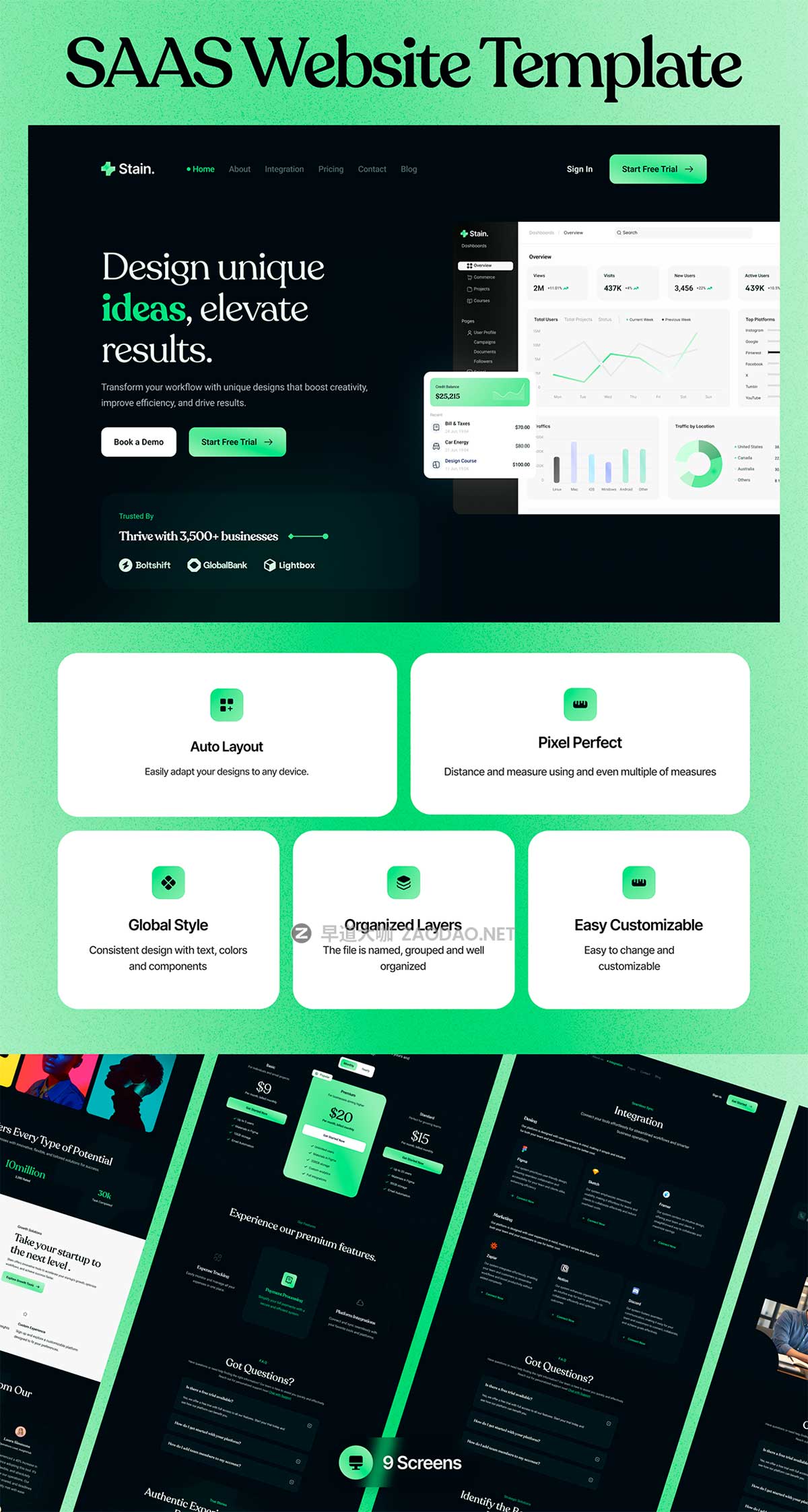 26+屏暗黑系SaaS数字网络服务平台网站界面WEB UI设计Figma模板素材 Stain – Saas Website Template插图7 26+屏暗黑系SaaS数字网络服务平台网站界面WEB UI设计Figma模板素材 Stain – Saas Website Template插图7