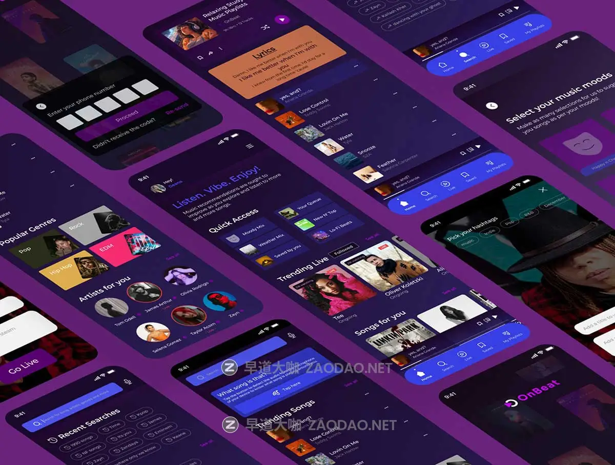 30+屏高级音乐流媒体歌曲播放器APP UI界面设计Figma模板素材 OnBeat – Music Listening & Streaming App插图4 30+屏高级音乐流媒体歌曲播放器APP UI界面设计Figma模板素材 OnBeat – Music Listening & Streaming App插图4