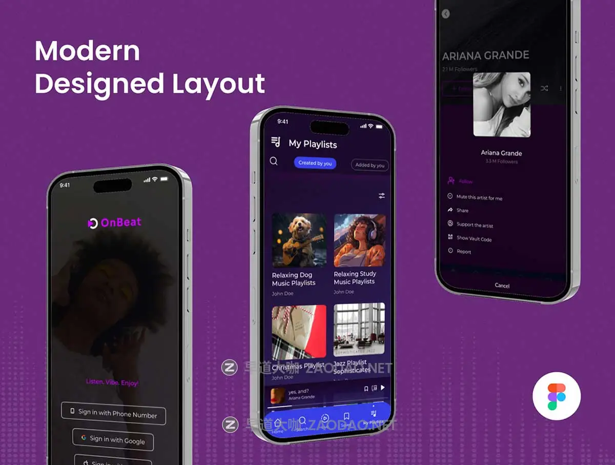30+屏高级音乐流媒体歌曲播放器APP UI界面设计Figma模板素材 OnBeat – Music Listening & Streaming App插图6 30+屏高级音乐流媒体歌曲播放器APP UI界面设计Figma模板素材 OnBeat – Music Listening & Streaming App插图6