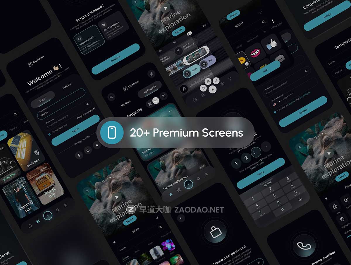 20+屏暗黑系响应式短视频音频剪辑合成网站WEB UI界面设计Figma模板 ClipMaster – Video editor App & Landing Page插图1 20+屏暗黑系响应式短视频音频剪辑合成网站WEB UI界面设计Figma模板 ClipMaster – Video editor App & Landing Page插图1