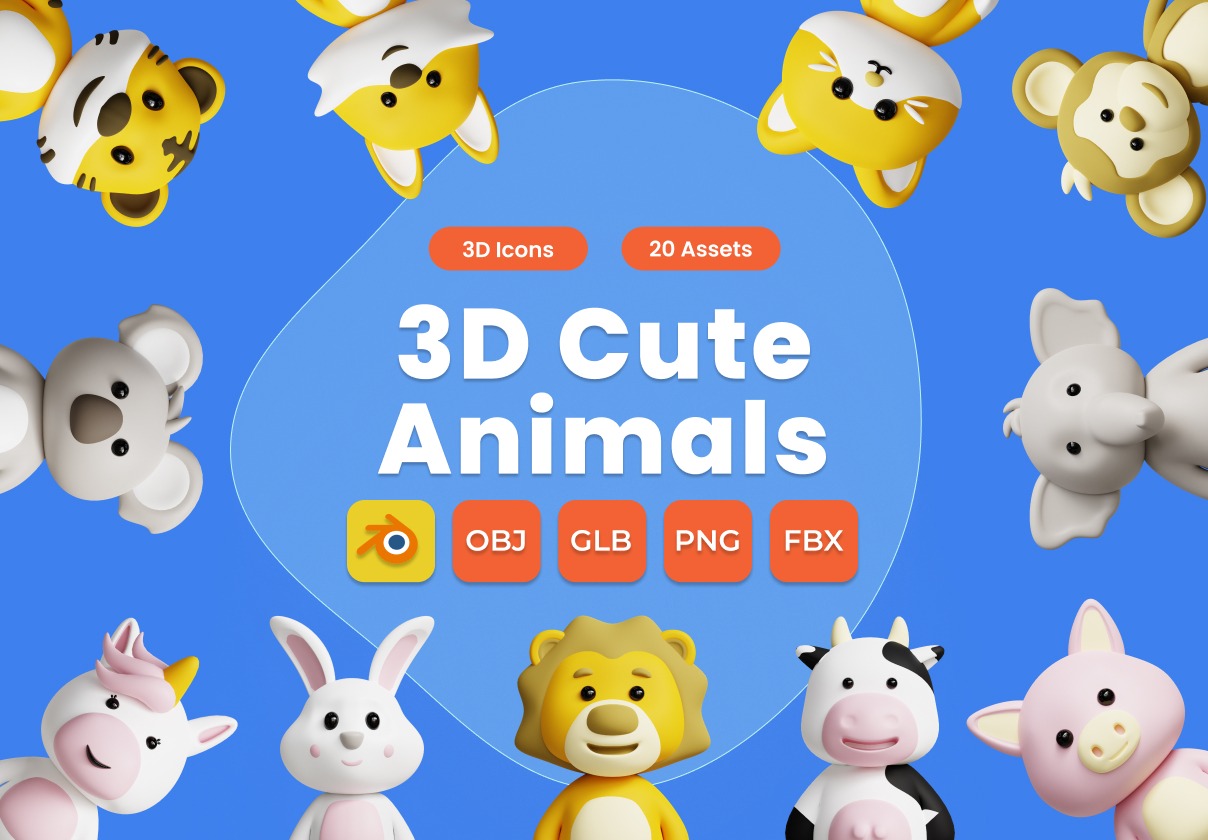 20款可爱卡通动物3D插画插图图标Icons设计Blender/FBX/PNG格式素材 3D Cute Animals Illustrations Pack插图