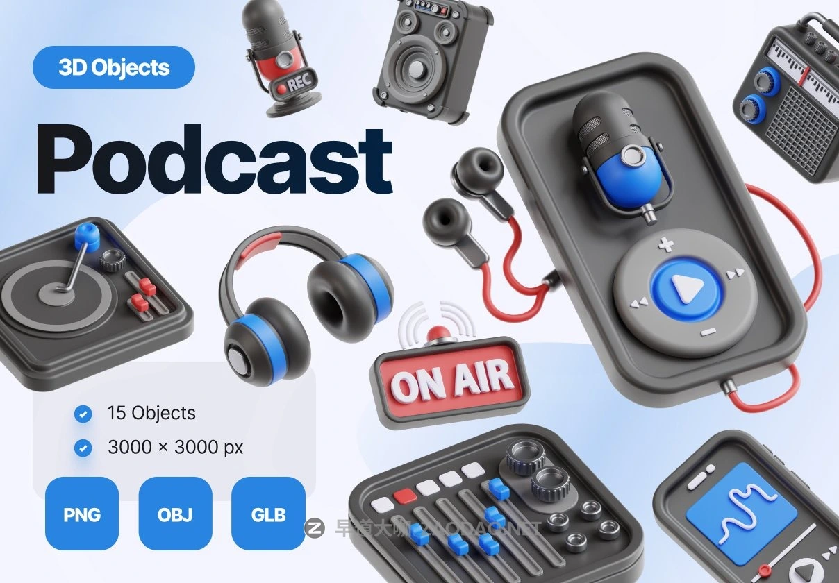 15款高级质感广播博客播音音频话筒音响设备3D插图图标Icons设计OBJ/PNG格式素材 3D Podcast and Audio Illustrations插图 15款高级质感广播博客播音音频话筒音响设备3D插图图标Icons设计OBJ/PNG格式素材 3D Podcast and Audio Illustrations插图