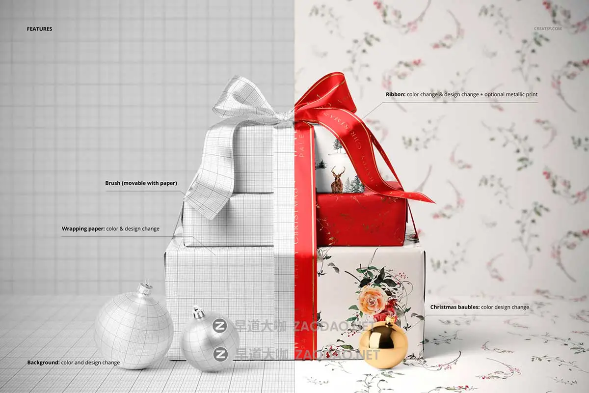 永恒圣诞节新年节日婚礼礼品包装盒丝带设计展示PS贴图样机模板 Christmas Gifts Mockup插图1 永恒圣诞节新年节日婚礼礼品包装盒丝带设计展示PS贴图样机模板 Christmas Gifts Mockup插图1