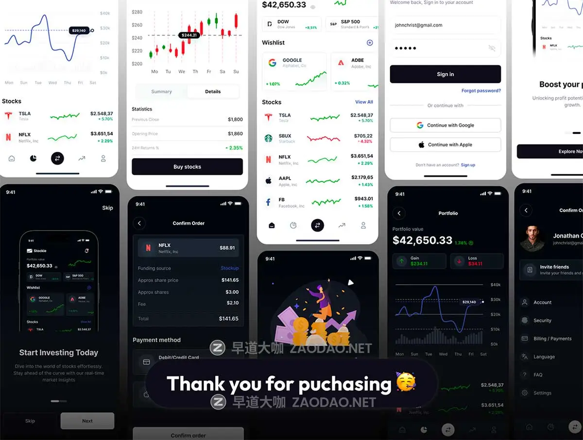 40+屏极简股票基金理财APP应用程序UI界面设计Figma模板套件 Stokie – Stock Market UI Kit App插图4 40+屏极简股票基金理财APP应用程序UI界面设计Figma模板套件 Stokie – Stock Market UI Kit App插图4