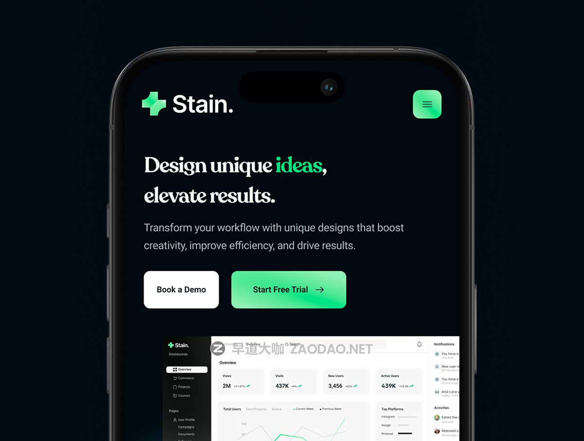 26+屏暗黑系SaaS数字网络服务平台网站界面WEB UI设计Figma模板素材 Stain – Saas Website Template插图5 26+屏暗黑系SaaS数字网络服务平台网站界面WEB UI设计Figma模板素材 Stain – Saas Website Template插图5