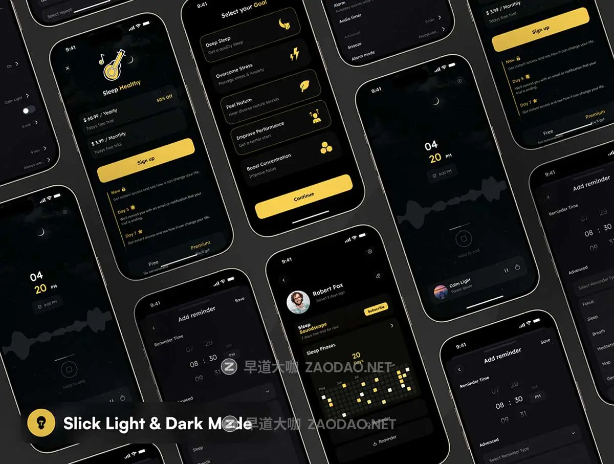 140+屏双配色睡眠音乐计时器跟踪器应用程序APP UI界面设计Figma模板 Sleepy – Sleep Soundscape App插图5 140+屏双配色睡眠音乐计时器跟踪器应用程序APP UI界面设计Figma模板 Sleepy – Sleep Soundscape App插图5