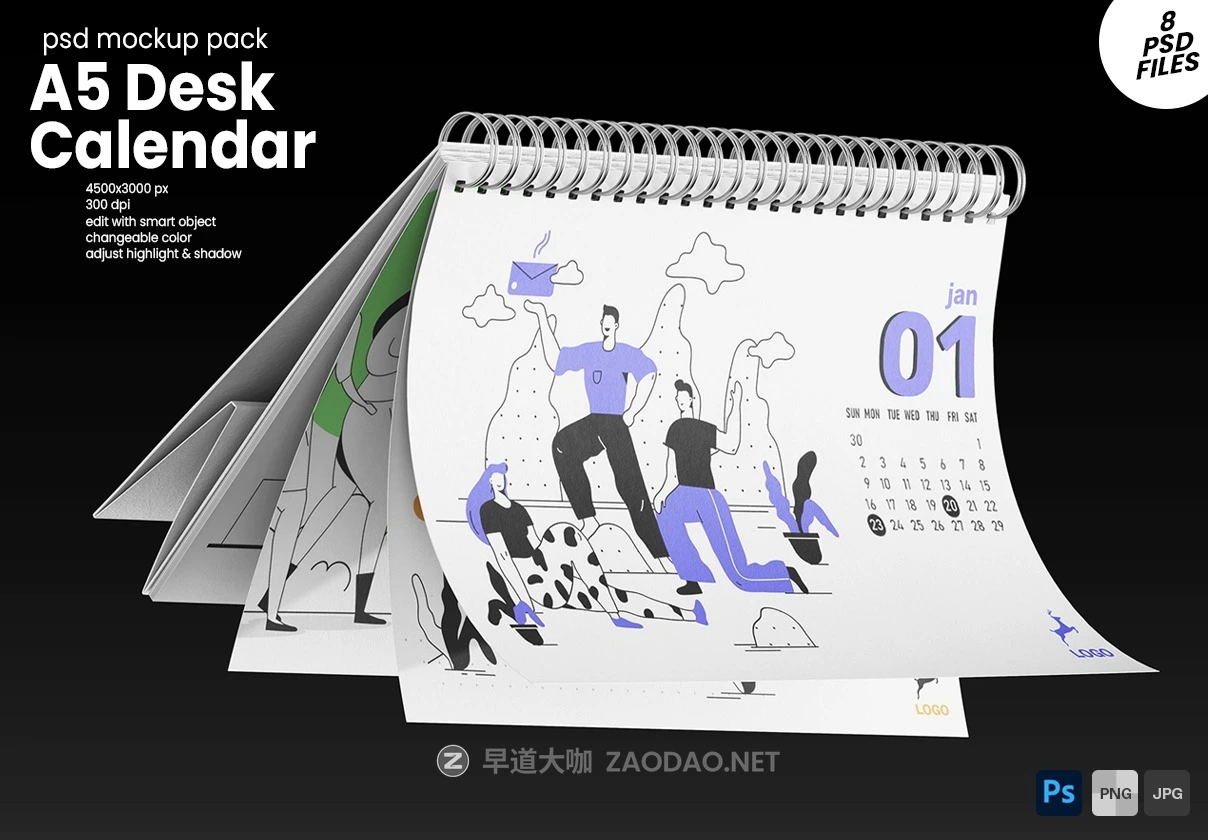 8款逼真A5横版台历日历个人作品集设计展示PS贴图样机MOCKUP模板素材 A5 Landscape Desk Calendar PSD Mockup Set插图 8款逼真A5横版台历日历个人作品集设计展示PS贴图样机MOCKUP模板素材 A5 Landscape Desk Calendar PSD Mockup Set插图