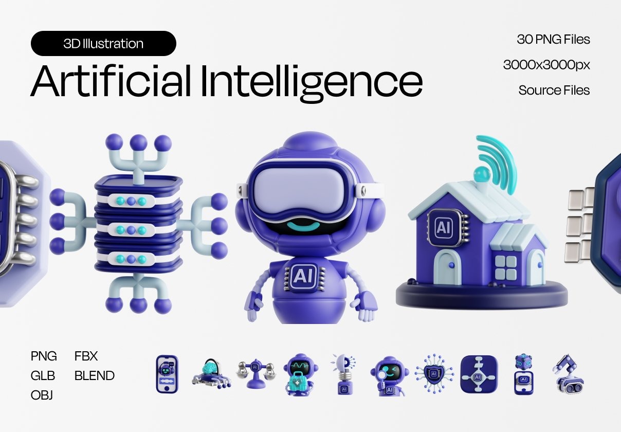 30款3D质感AI人工智能机器人插图图标Icons设计Blender/PNG/OBJ格式素材 Artificial Intelligence Essential 3D Illustration插图