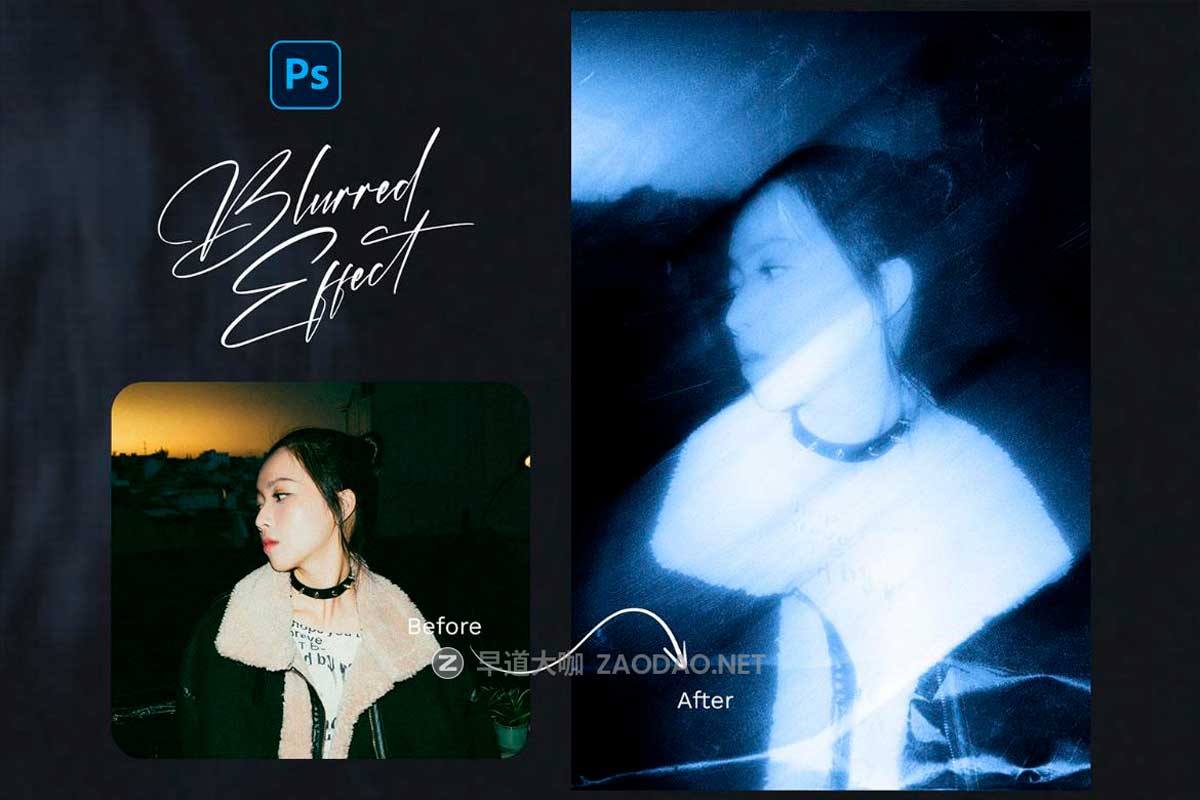 潮流动感模糊划痕做旧前卫颗粒燥点照片效果PS特效滤镜插件样机 Blurred Photo Effect插图1