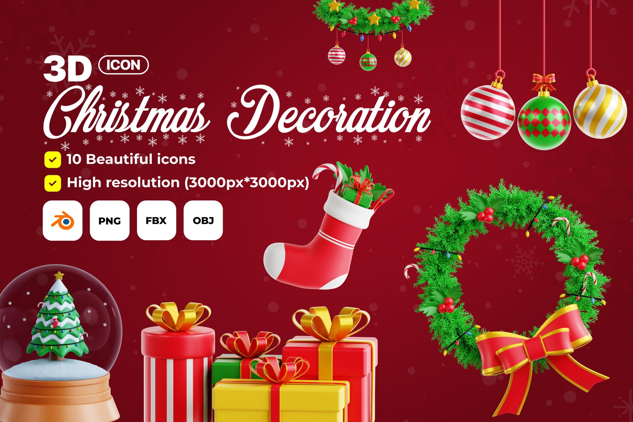 10款卡通趣味圣诞节节日礼物装饰3D图标Icons设计OBJ/PNG/BLEND格式素材 Christmas Decoration – 3D Icon Set插图