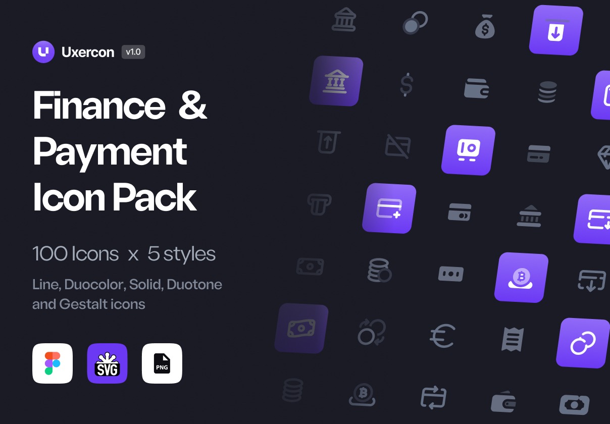 100款多功能财务金融支付理财网站WEB&APP UI界面矢量图标Icons设计Figma/PNG格式素材 Finance & Payment – Uxercon Icon Pack插图