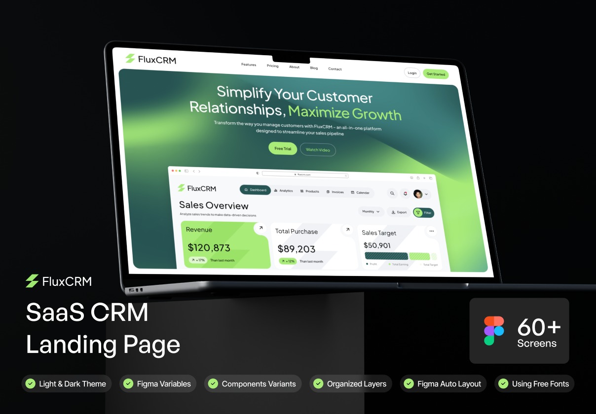 60+屏响应式双配色SaaS CRM管理系统网站WEB UI界面设计Figma模板套件 FluxCRM – SaaS CRM Website UI KIT插图 60+屏响应式双配色SaaS CRM管理系统网站WEB UI界面设计Figma模板套件 FluxCRM – SaaS CRM Website UI KIT插图