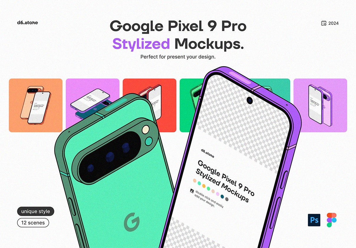 9款卡通风格化谷歌安卓Google Pixel 9 Pro手机UI广告设计展示贴图样机PS/Figma格式素材 Google Pixel 9 Pro Stylized Mockups插图