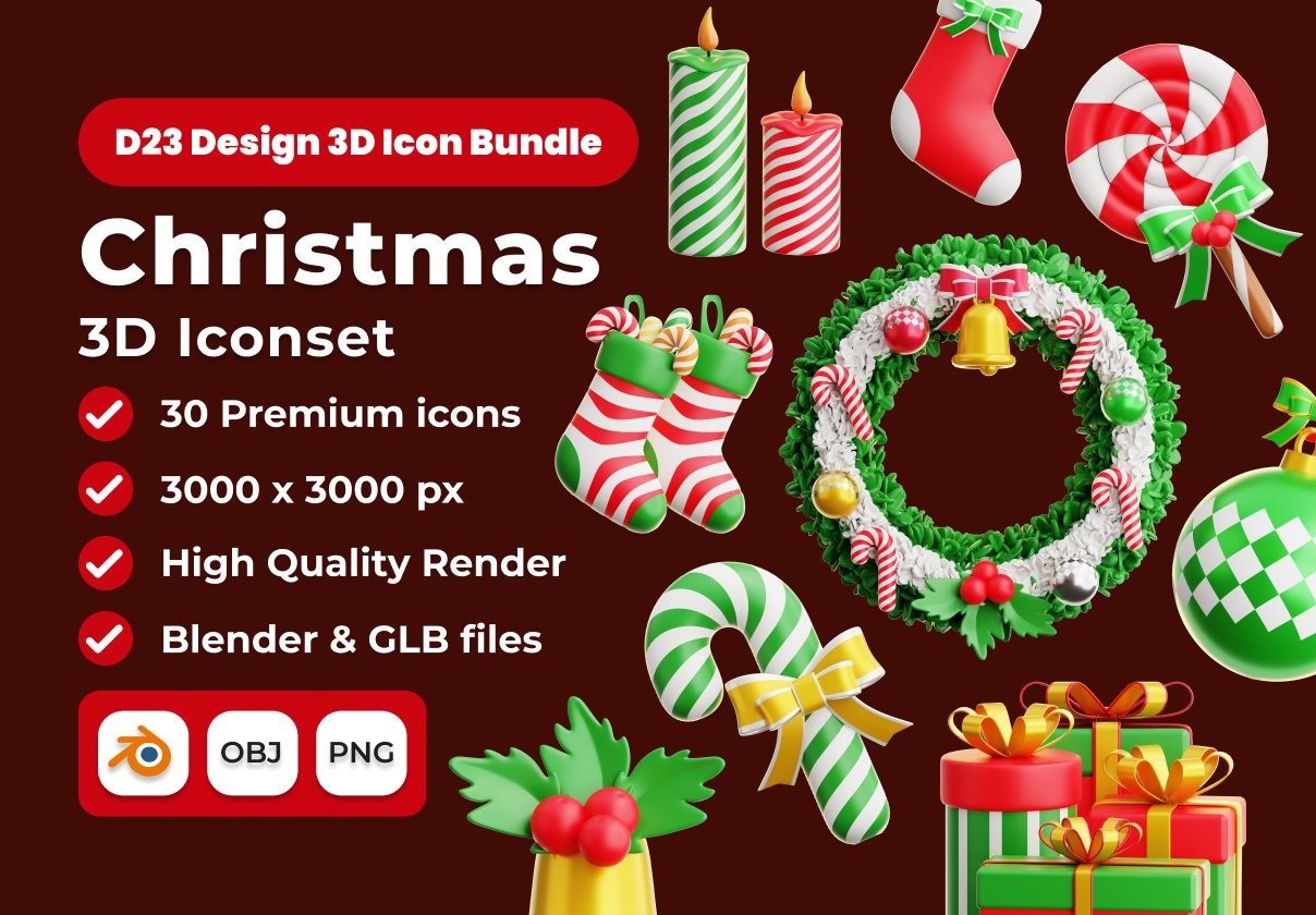 70款高级平安夜圣诞节节日庆祝装饰3D插图图标Icons设计Blender/PNG/OBJ格式素材 Happy Christmas Eve 3D Illustration Pack插图
