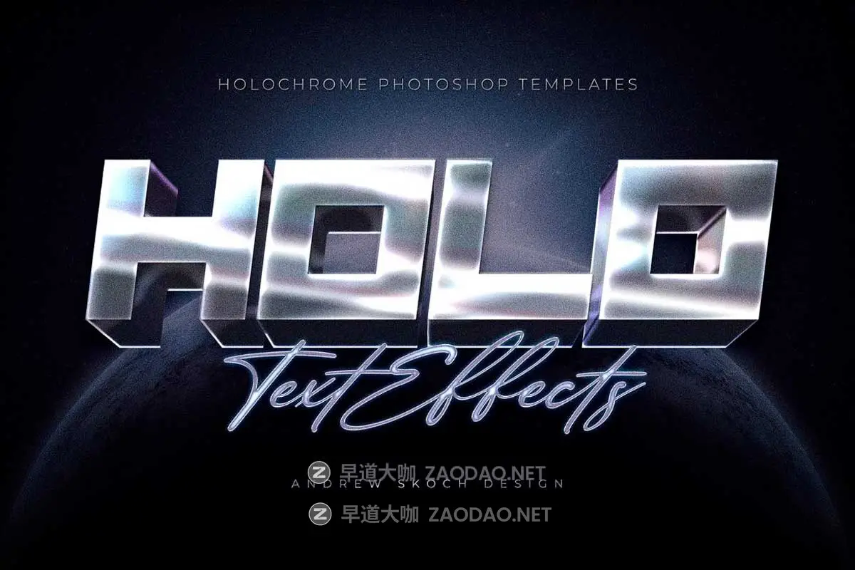 8款全息渐变金属镀铬现代未来3D立体海报标题Logo设计PS特效滤镜样机模板 Holochrome Text and Logo Effects插图5 8款全息渐变金属镀铬现代未来3D立体海报标题Logo设计PS特效滤镜样机模板 Holochrome Text and Logo Effects插图5