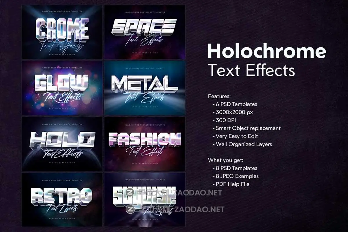 8款全息渐变金属镀铬现代未来3D立体海报标题Logo设计PS特效滤镜样机模板 Holochrome Text and Logo Effects插图10 8款全息渐变金属镀铬现代未来3D立体海报标题Logo设计PS特效滤镜样机模板 Holochrome Text and Logo Effects插图10