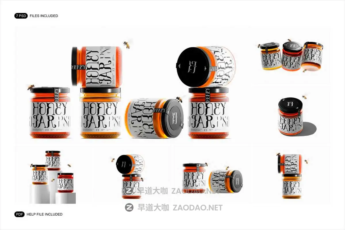 7款时尚透明蜂蜜果酱玻璃瓶包装瓶贴纸设计展示效果图PS贴图样机模板 Honey Jar Mockup Set插图4 7款时尚透明蜂蜜果酱玻璃瓶包装瓶贴纸设计展示效果图PS贴图样机模板 Honey Jar Mockup Set插图4