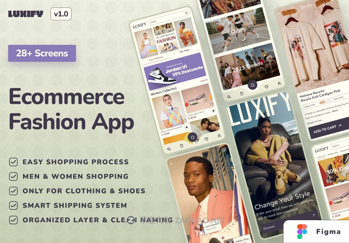 28+屏高级服装鞋子在线购买电子商城APP UI界面设计Figma模板套件素材 LUXIFY- Ecommerce Fashion App插图 28+屏高级服装鞋子在线购买电子商城APP UI界面设计Figma模板套件素材 LUXIFY- Ecommerce Fashion App插图