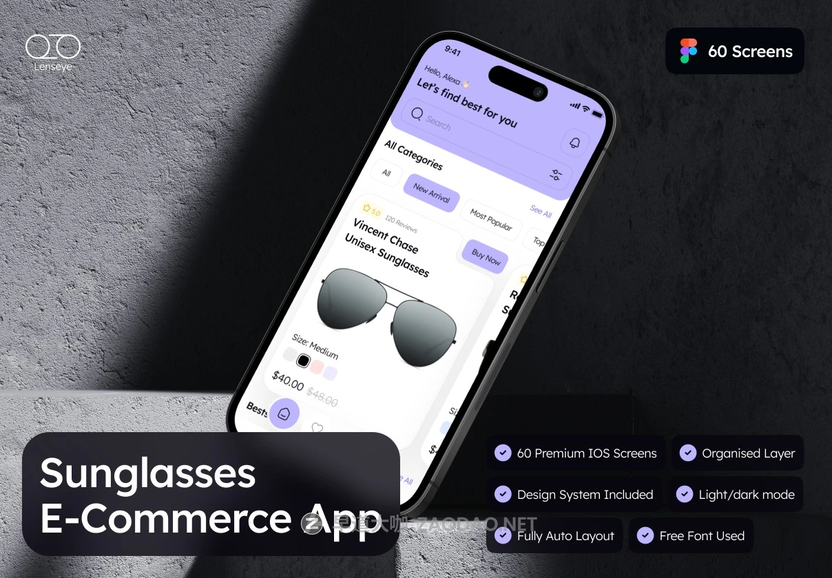 60屏双配色太阳镜眼镜店电子商城APP UI界面设计Figma模板套件素材 Lenseye – Sunglasses E-Commerce App UI Kit插图 60屏双配色太阳镜眼镜店电子商城APP UI界面设计Figma模板套件素材 Lenseye – Sunglasses E-Commerce App UI Kit插图