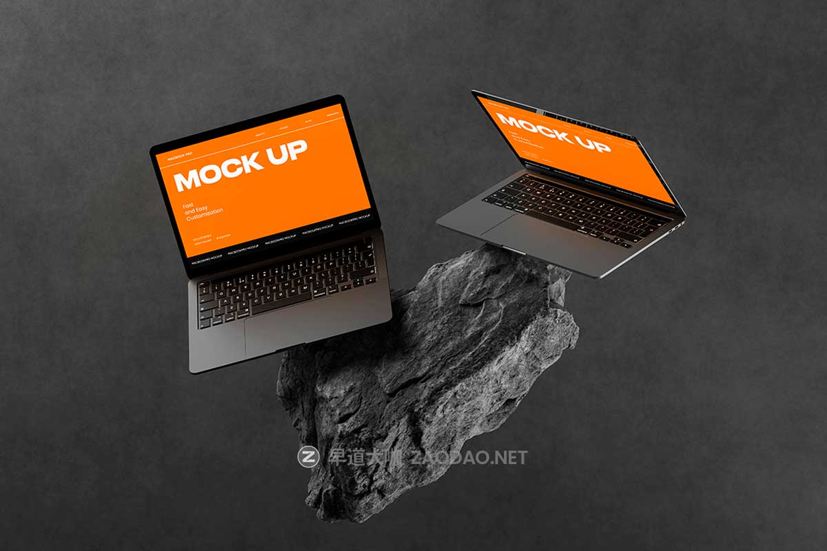 10款暗黑系岩石背景UI广告设计苹果MacBook Pro笔记本电脑贴图PSD样机模板 10 PSD Outdoor MacBook Pro Mockup插图1