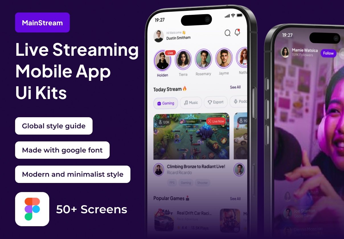 50+屏高级社交体育赛事游戏在线直播应用程序APP UI界面设计Figma模板套件素材 MainStream – Live Streaming Game Premium UI KIts App插图