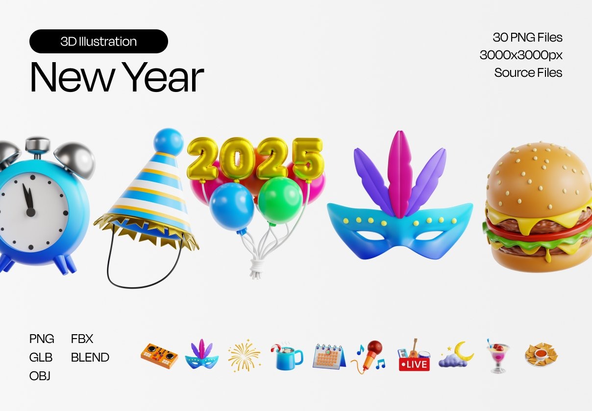 30款2025新年节日派对庆祝3D立体插图图标Icons设计Blender/OBJ/PNG格式素材 New Year 2025 3D Illustration插图