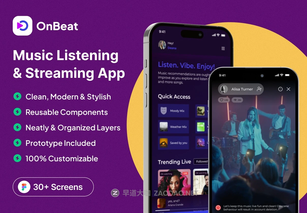 30+屏高级音乐流媒体歌曲播放器APP UI界面设计Figma模板素材 OnBeat – Music Listening & Streaming App插图 30+屏高级音乐流媒体歌曲播放器APP UI界面设计Figma模板素材 OnBeat – Music Listening & Streaming App插图