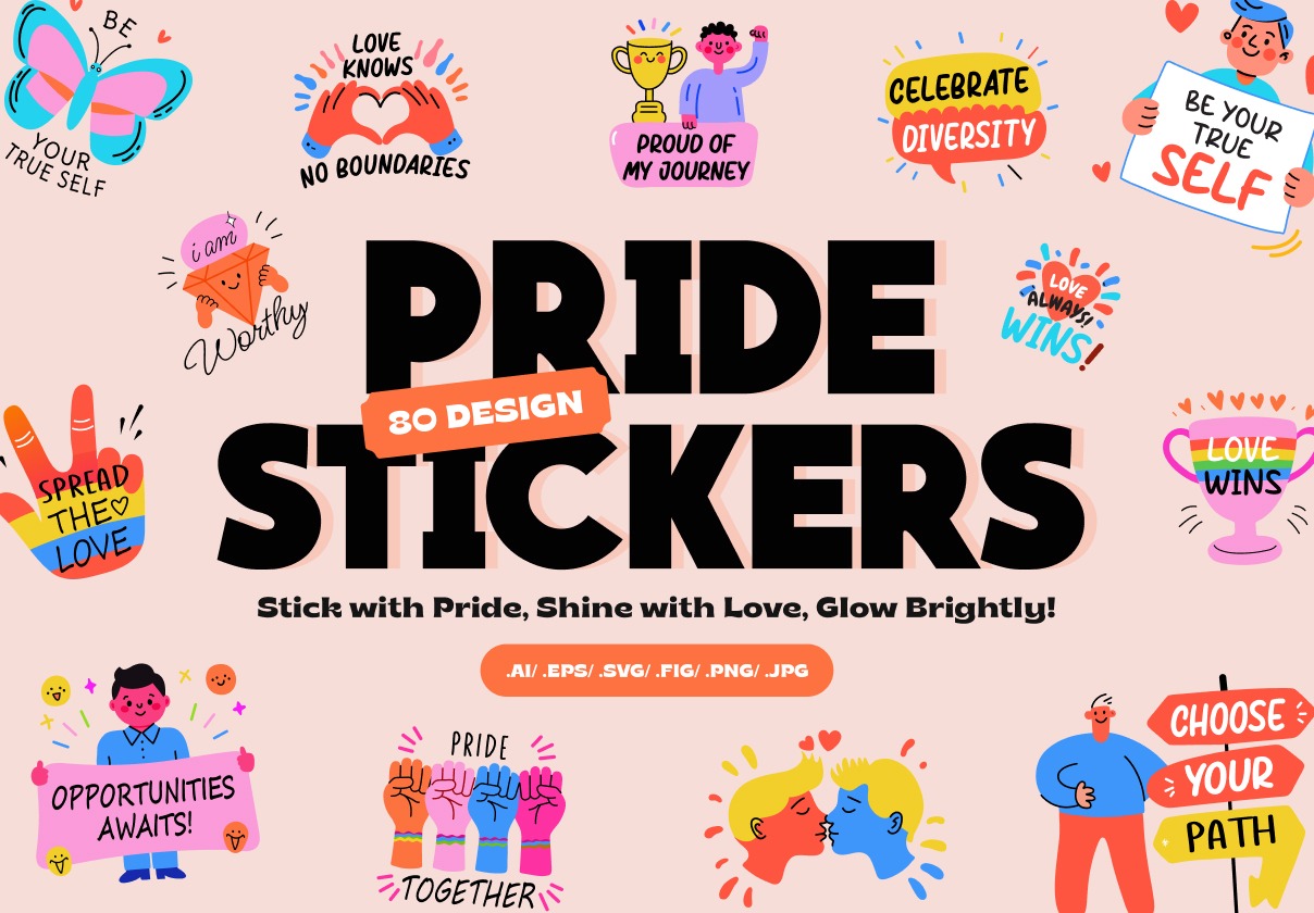 80款可爱卡通趣味奖励激励胜利庆祝手绘矢量插图插画标签贴纸设计Ai/Figma/Png格式素材 Pride Stickers Collection插图