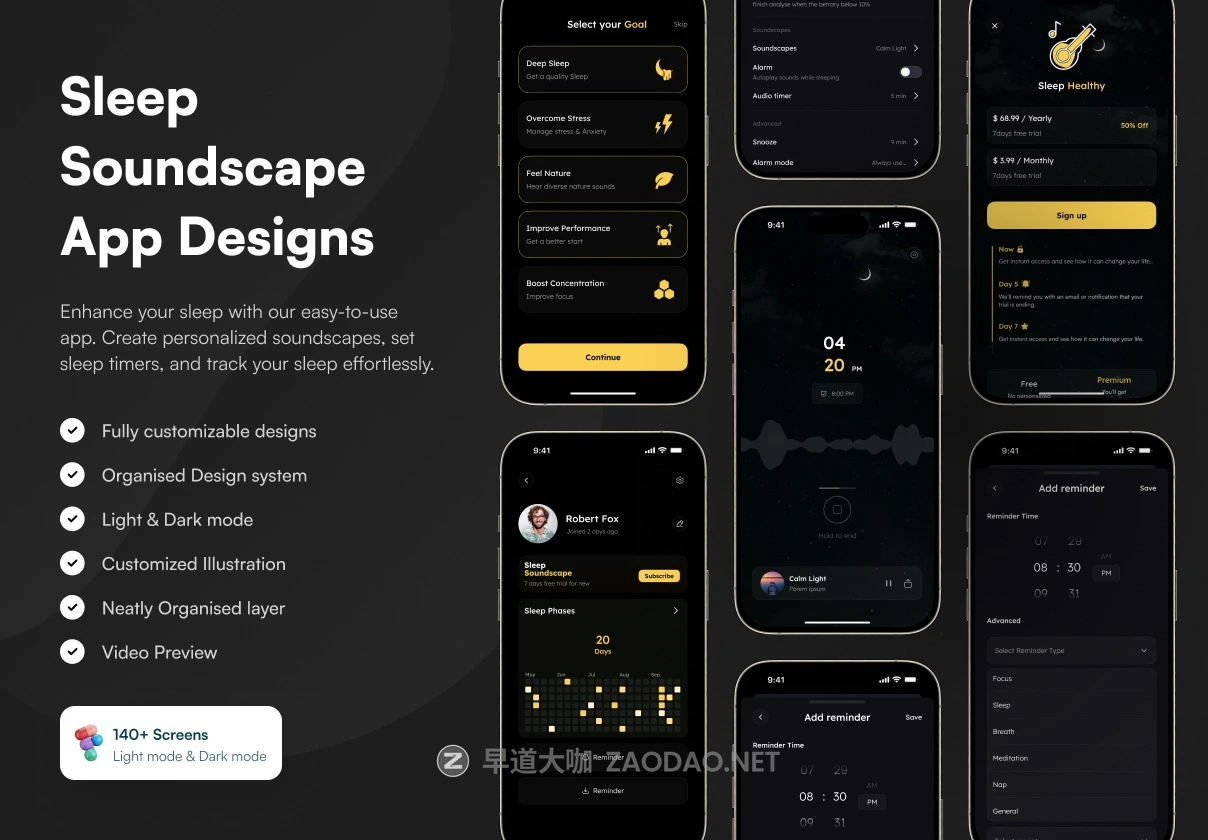 140+屏双配色睡眠音乐计时器跟踪器应用程序APP UI界面设计Figma模板 Sleepy – Sleep Soundscape App插图 140+屏双配色睡眠音乐计时器跟踪器应用程序APP UI界面设计Figma模板 Sleepy – Sleep Soundscape App插图