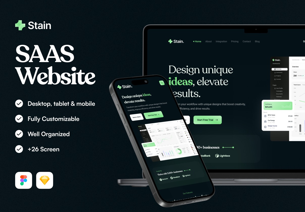 26+屏暗黑系SaaS数字网络服务平台网站界面WEB UI设计Figma模板素材 Stain – Saas Website Template插图 26+屏暗黑系SaaS数字网络服务平台网站界面WEB UI设计Figma模板素材 Stain – Saas Website Template插图