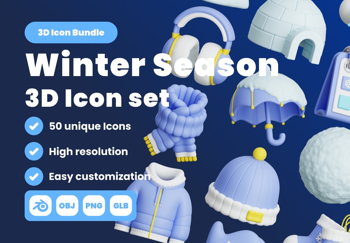 50款冬季3D立体质感服装雪人游玩装备插图图标Icons设计Blender/PNG格式素材 Winter Season 3D Illustration Pack插图