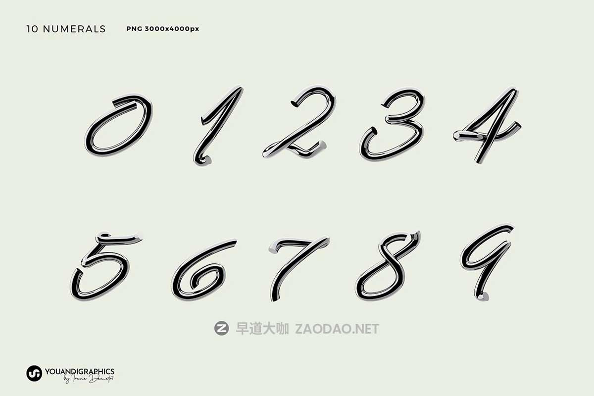 未来科幻不锈钢3D金属镀铬潮流英文字母数字符号PNG免抠图片设计素材 Chrome 3D Lettering Set插图6