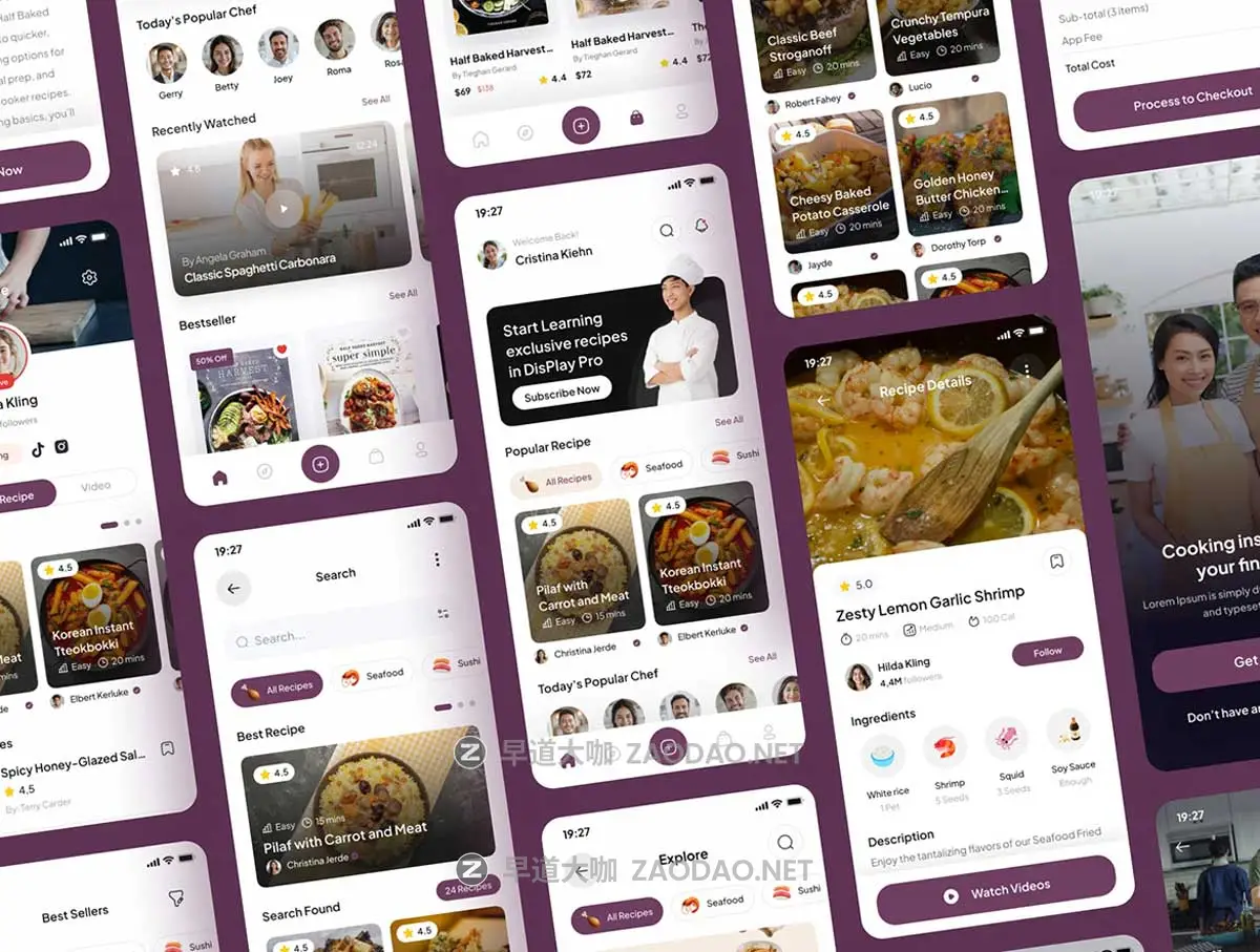 50+屏食品美食食谱烹饪教学学习课程APP UI界面设计Figma模板套件 DishPlay – Food Recipe Mobile App UI Kit插图4 50+屏食品美食食谱烹饪教学学习课程APP UI界面设计Figma模板套件 DishPlay – Food Recipe Mobile App UI Kit插图4