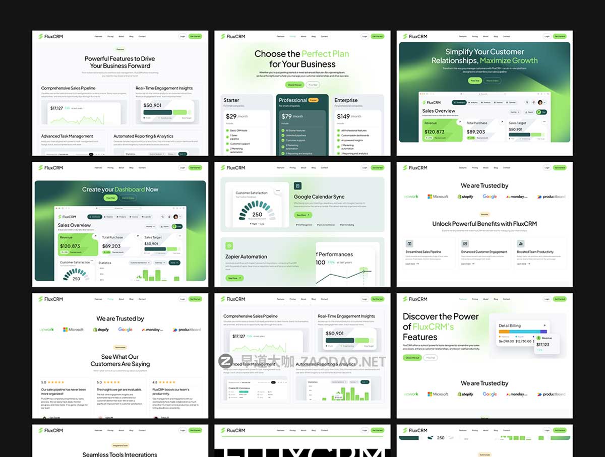 60+屏响应式双配色SaaS CRM管理系统网站WEB UI界面设计Figma模板套件 FluxCRM – SaaS CRM Website UI KIT插图4 60+屏响应式双配色SaaS CRM管理系统网站WEB UI界面设计Figma模板套件 FluxCRM – SaaS CRM Website UI KIT插图4