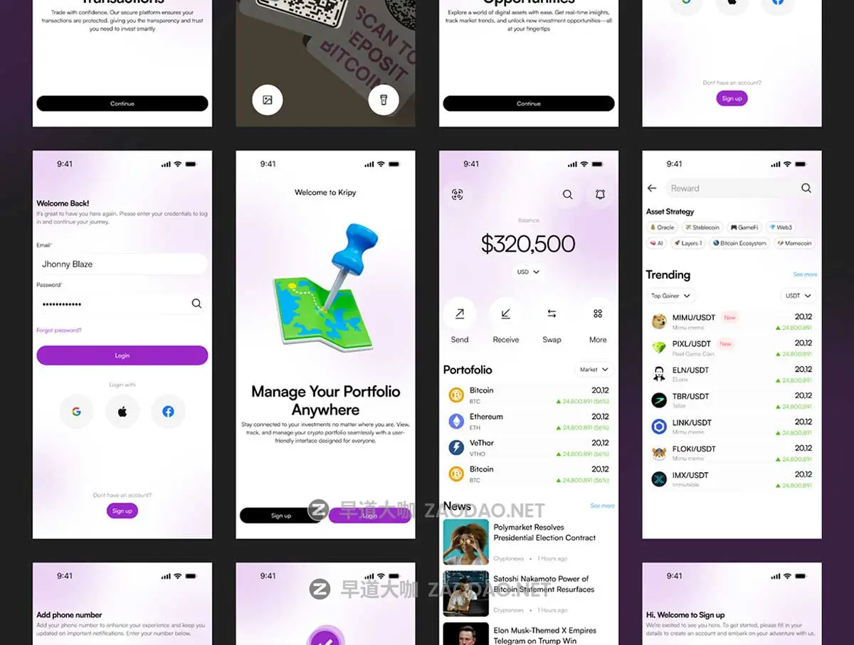 60+屏金融理财财务管理加密电子钱包APP UI界面设计Figma模板套件 Walcy – Crypto Wallet Mobile UI KIT插图4 60+屏金融理财财务管理加密电子钱包APP UI界面设计Figma模板套件 Walcy – Crypto Wallet Mobile UI KIT插图4