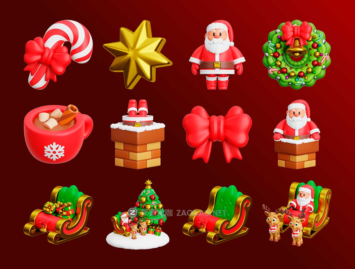 70款高级平安夜圣诞节节日庆祝装饰3D插图图标Icons设计Blender/PNG/OBJ格式素材 Happy Christmas Eve 3D Illustration Pack插图3