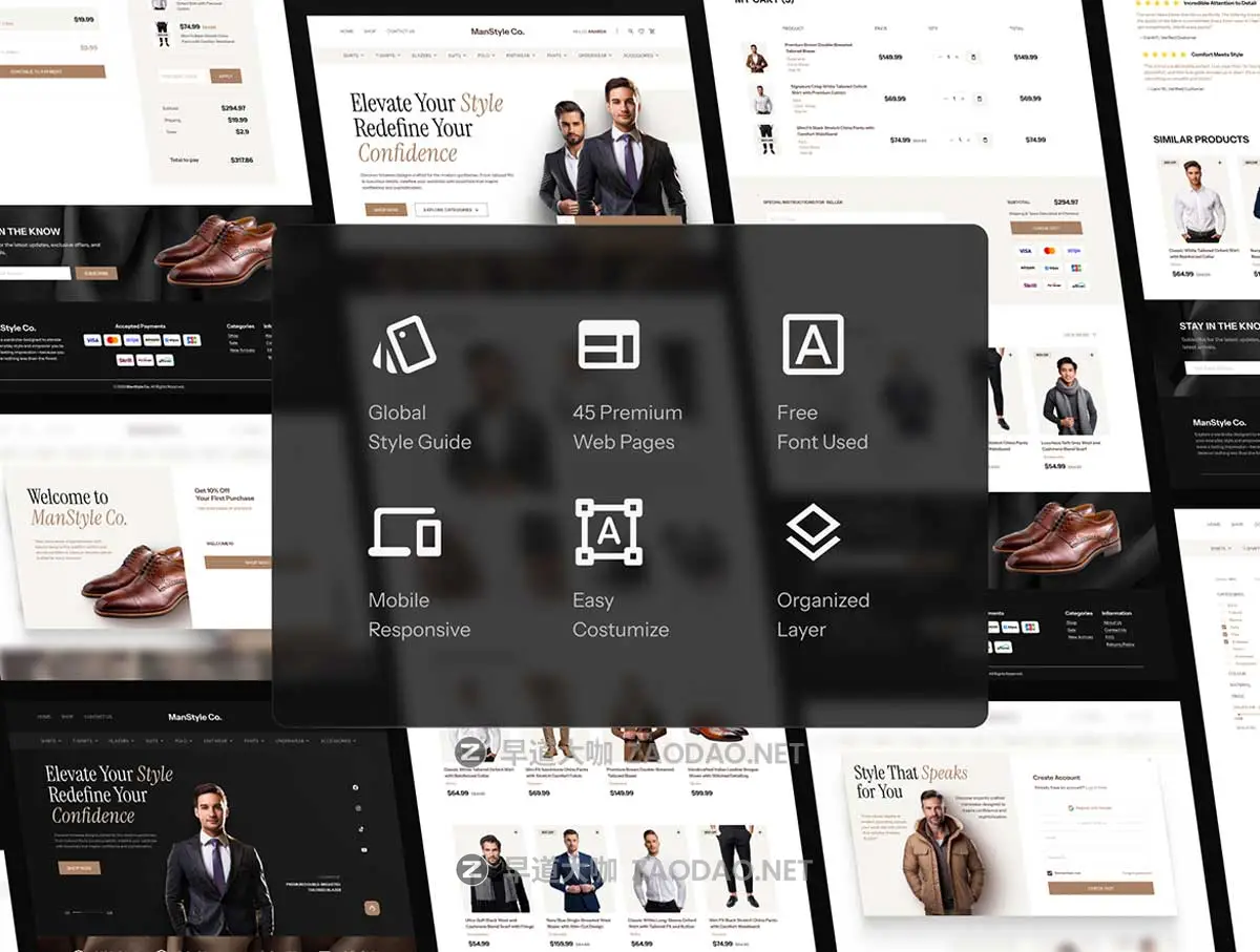 45屏高级响应式男士服装在线购买电子商城网站WEB UI界面设计Figma模板套件 Men’s Fashion Website UI Kit – Responsive E-Commerce Design插图2 45屏高级响应式男士服装在线购买电子商城网站WEB UI界面设计Figma模板套件 Men’s Fashion Website UI Kit – Responsive E-Commerce Design插图2