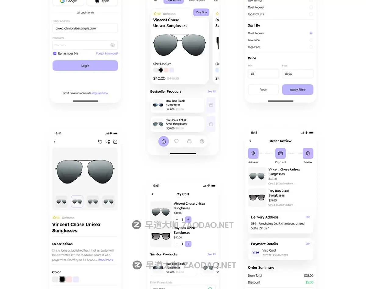 60屏双配色太阳镜眼镜店电子商城APP UI界面设计Figma模板套件素材 Lenseye – Sunglasses E-Commerce App UI Kit插图9 60屏双配色太阳镜眼镜店电子商城APP UI界面设计Figma模板套件素材 Lenseye – Sunglasses E-Commerce App UI Kit插图9