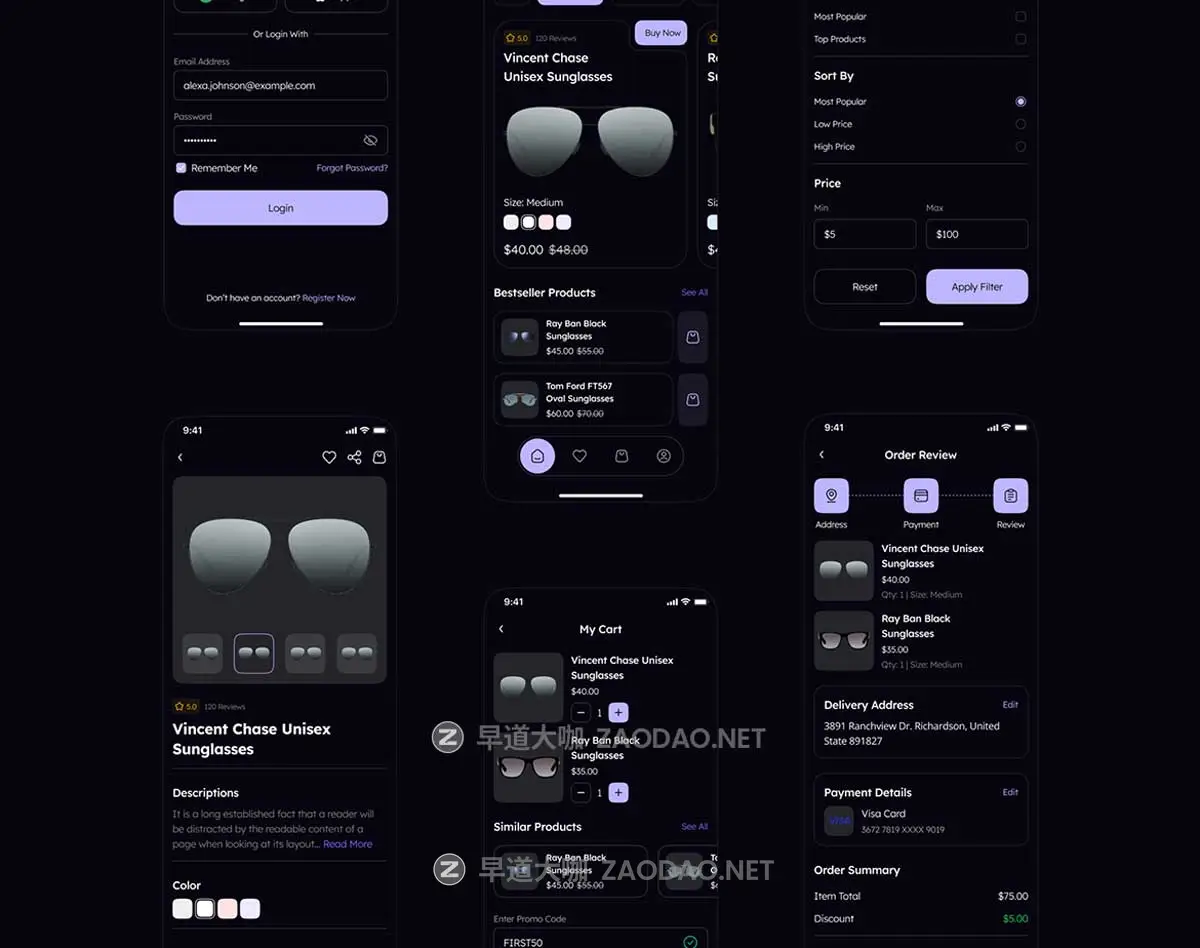60屏双配色太阳镜眼镜店电子商城APP UI界面设计Figma模板套件素材 Lenseye – Sunglasses E-Commerce App UI Kit插图12 60屏双配色太阳镜眼镜店电子商城APP UI界面设计Figma模板套件素材 Lenseye – Sunglasses E-Commerce App UI Kit插图12