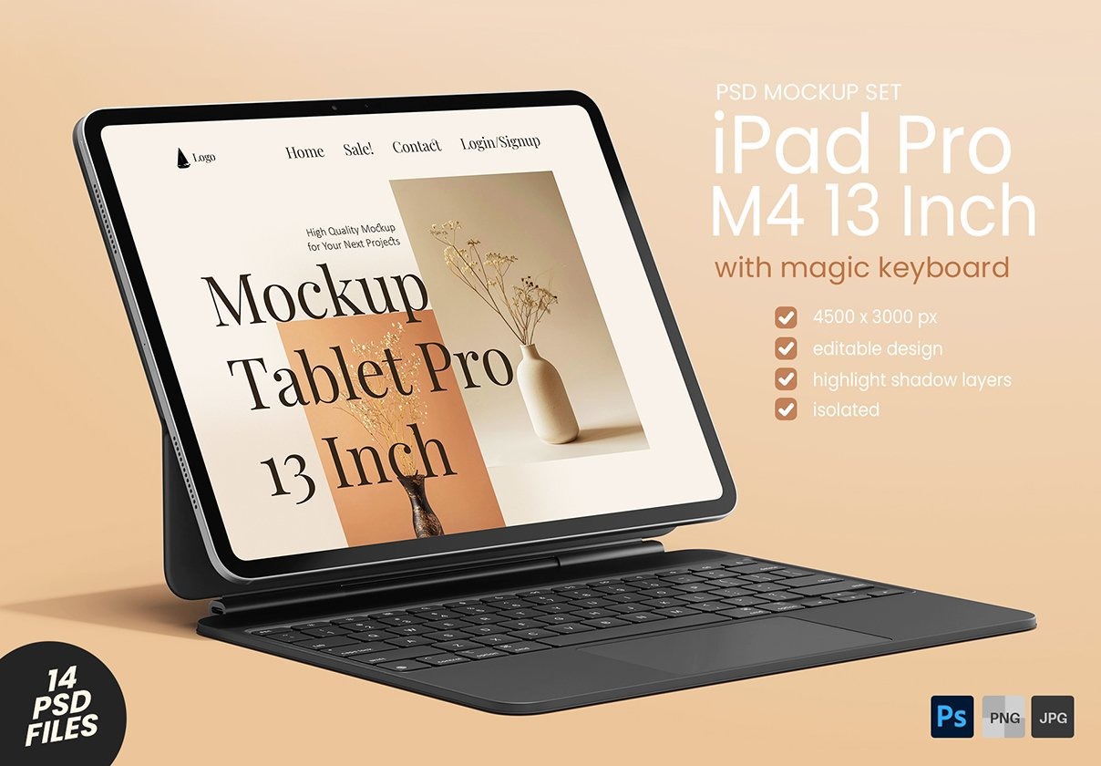 14款Ins风带键盘苹果iPad Pro M4平板电脑UI界面设计PS贴图样机模板 iPad Pro M4 13 Inch Display + Keyboard Pack插图